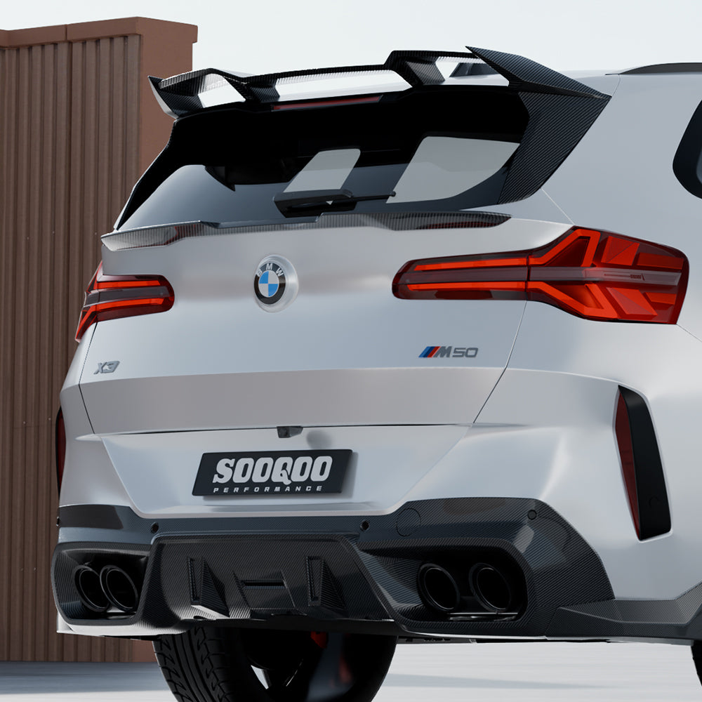 SOOQOO BMW X3 G45 carbon fibre spoiler - top-down view showing panel alignment
