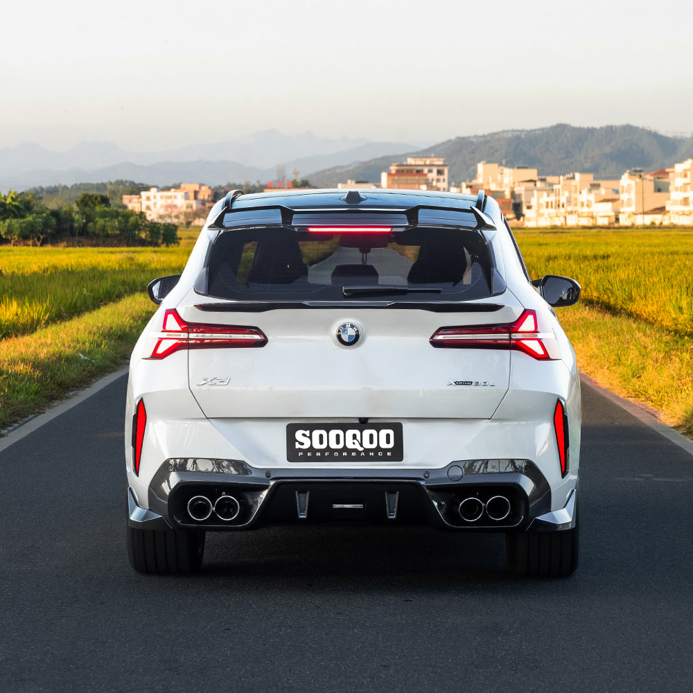 SOOQOO BMW X3 G45 carbon fibre spoiler - rear three-quarter view