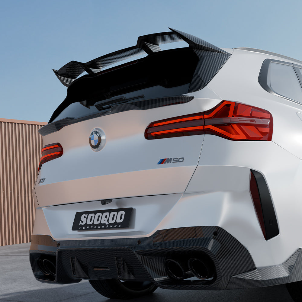 SOOQOO BMW X3 G45 carbon fibre spoiler - top-down view showing panel alignment