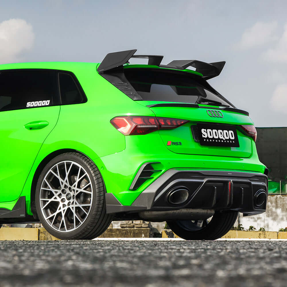 SOOQOO Audi RS3  carbon fibre rear diffuser - rear three-quarter view