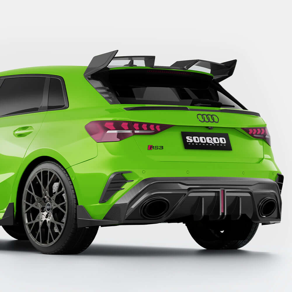 SOOQOO Audi RS3  carbon fibre rear diffuser - top-down view showing panel alignment