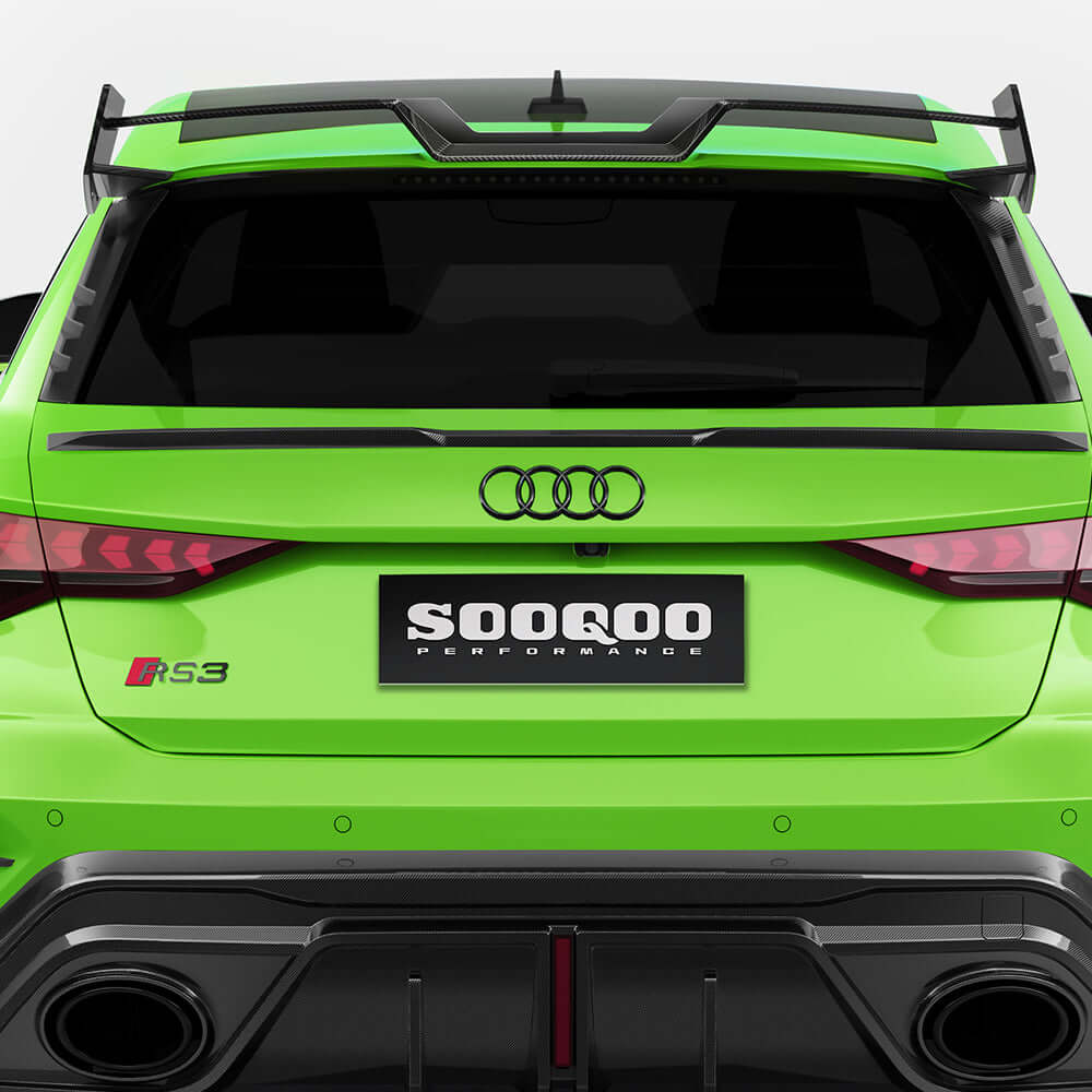SOOQOO Audi RS3  carbon fibre spoiler - top-down view showing panel alignment