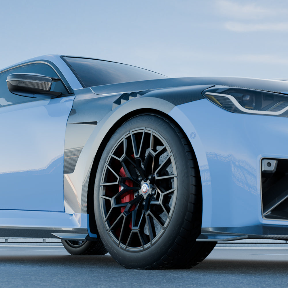SOOQOO BMW M2 G87 carbon fibre side fender - front three-quarter view
