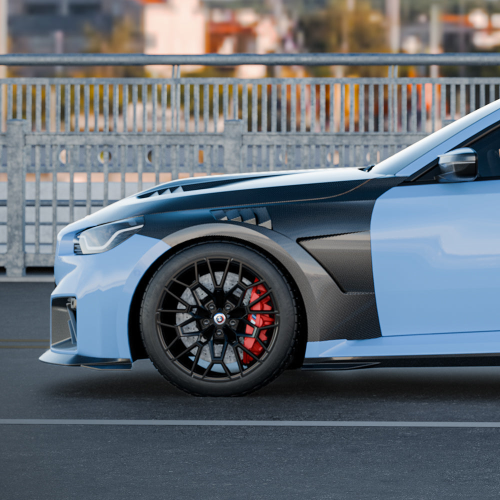 SOOQOO BMW M2 G87 carbon fibre side fender - close-up of carbon fibre weave detail