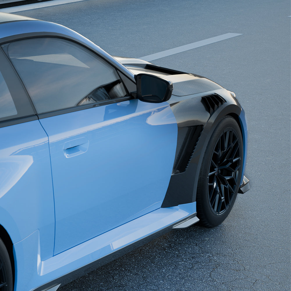 SOOQOO BMW M2 G87 carbon fibre side fender - top-down view showing panel alignment