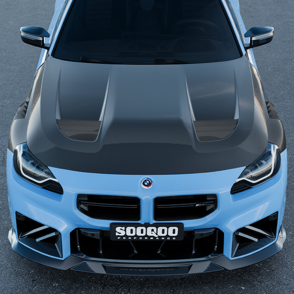 SOOQOO BMW M2 G87 carbon fibre hood - top-down view showing panel alignment