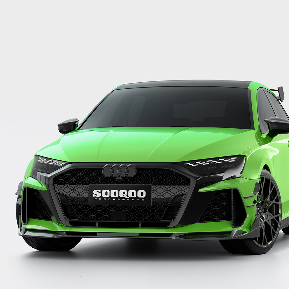 SOOQOO Audi RS3  carbon fibre front splitter - top-down view showing panel alignment