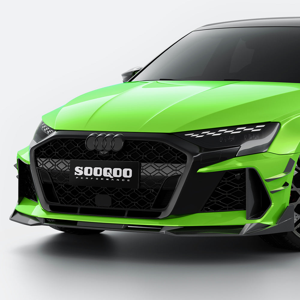 SOOQOO Audi RS3  carbon fibre front splitter - full vehicle shot with part installed