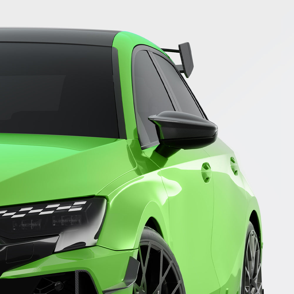 SOOQOO Audi RS3  carbon fibre mirror cap - top-down view showing panel alignment