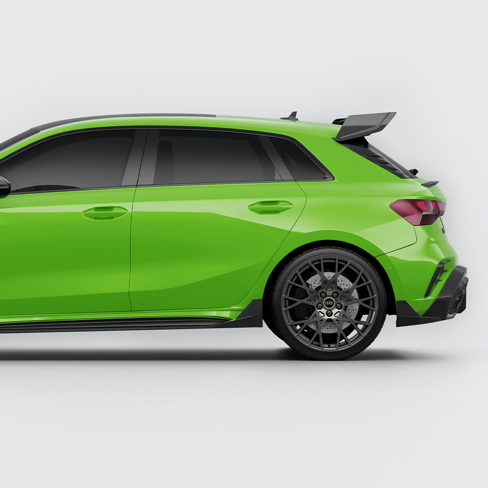SOOQOO Audi RS3  carbon fibre side skirt - rear three-quarter view
