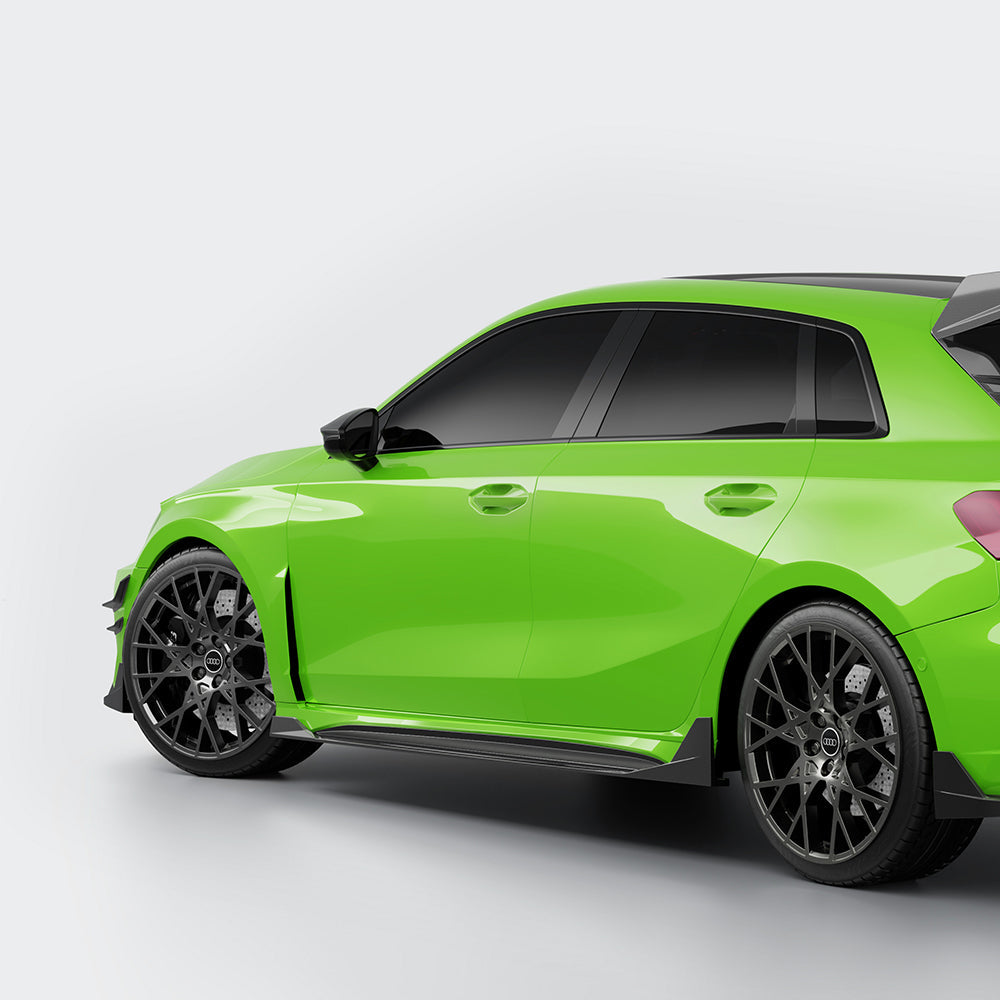 SOOQOO Audi RS3  carbon fibre side skirt - full vehicle shot with part installed