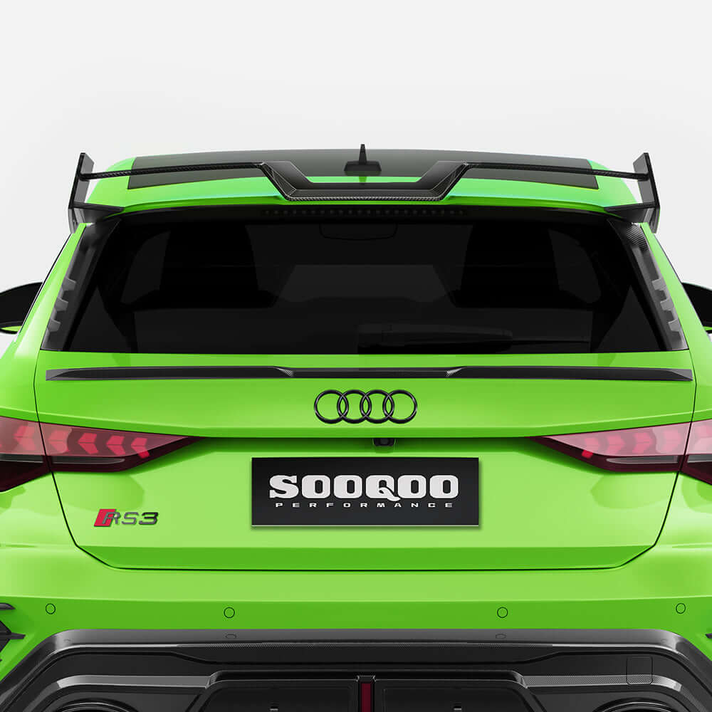 SOOQOO Audi RS3  carbon fibre spoiler - top-down view showing panel alignment