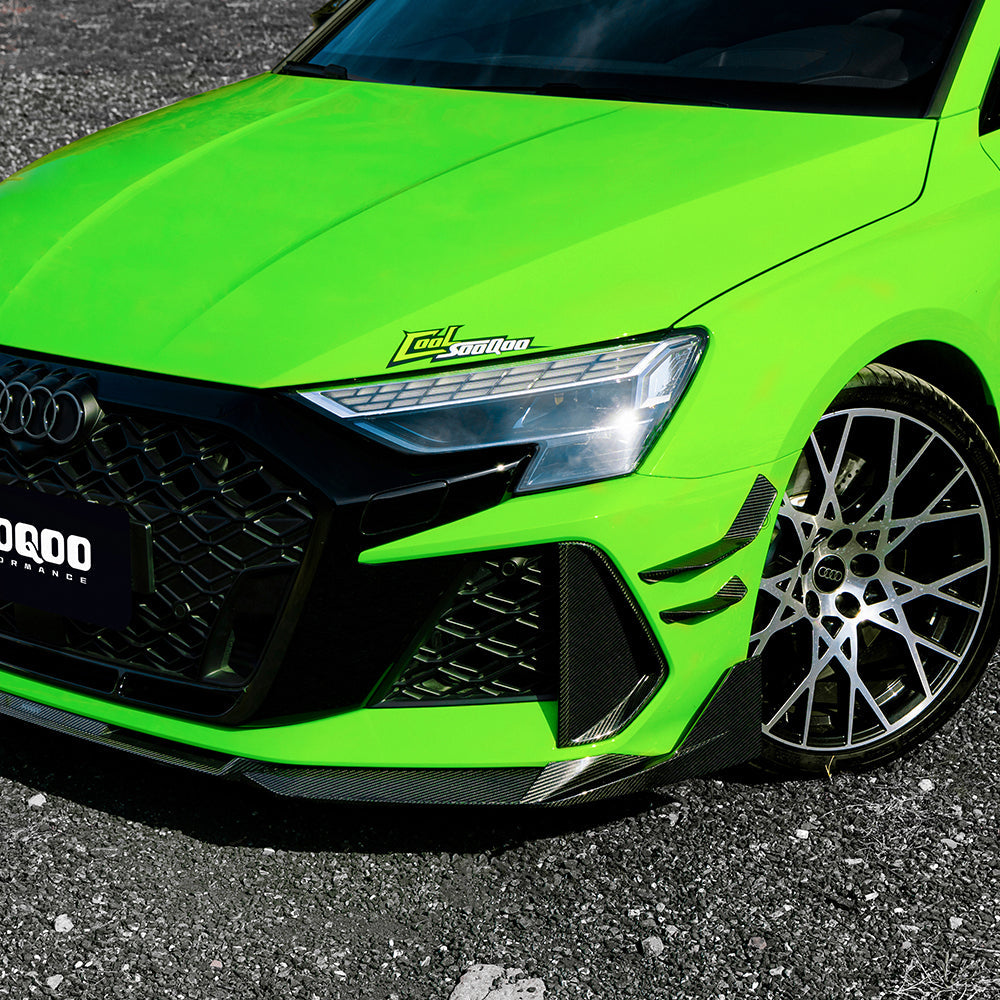 SOOQOO Audi RS3  carbon fibre front splitter - rear three-quarter view