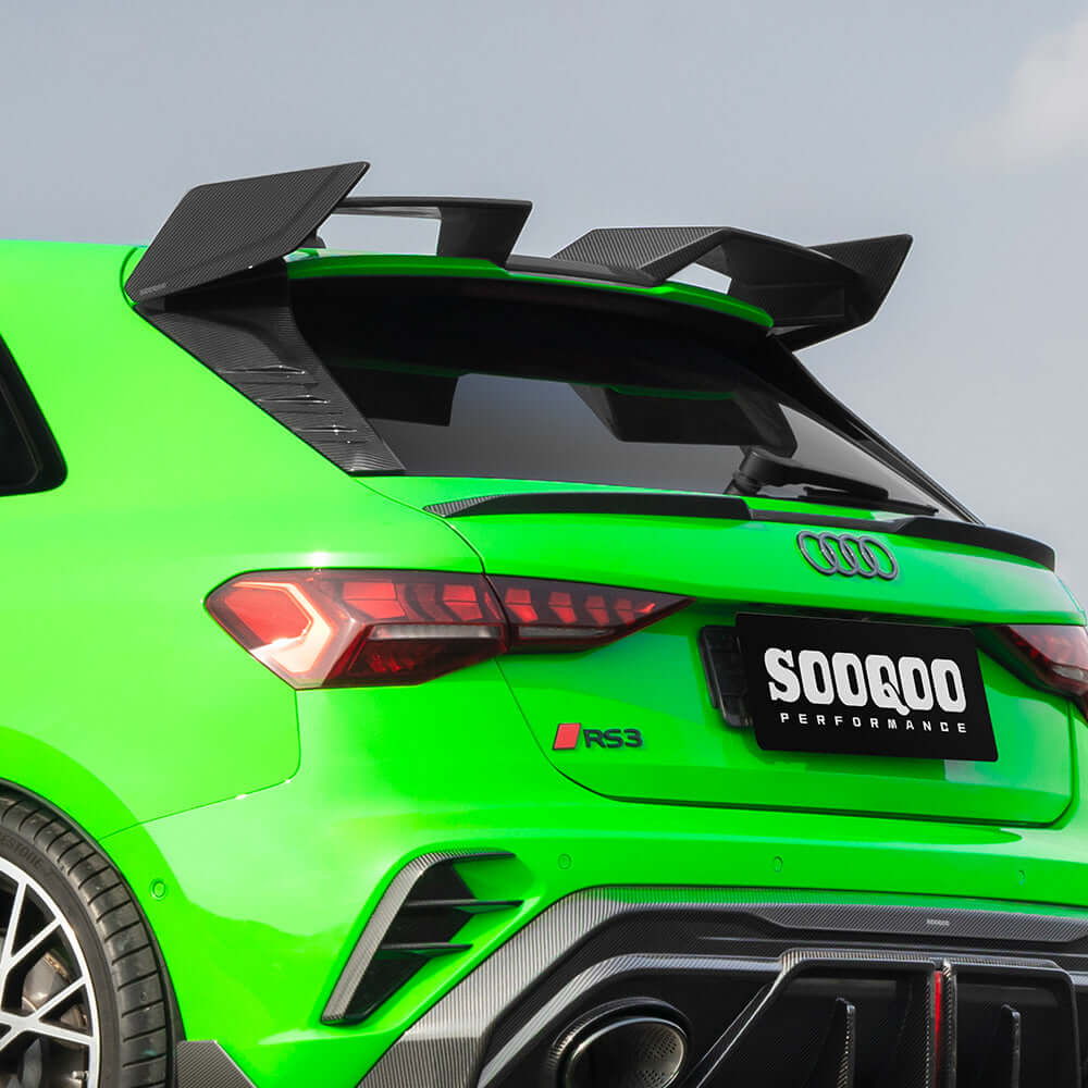 SOOQOO Audi RS3  carbon fibre spoiler - rear three-quarter view