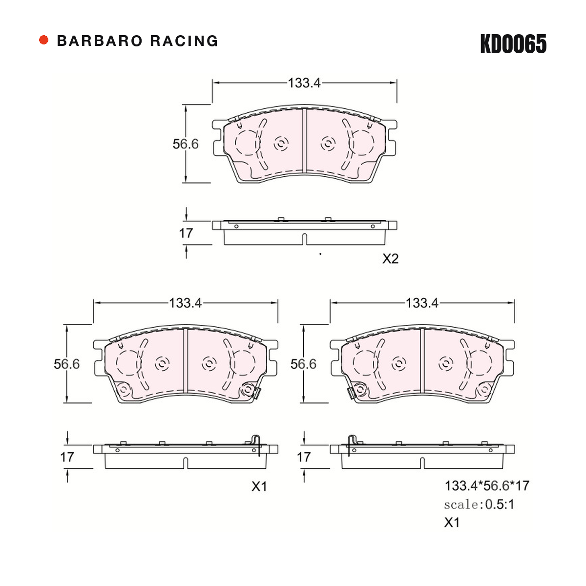 Barbaro Racing KD0065 brake pad shape drawing - 133.4 x 56.6 x 17 mm