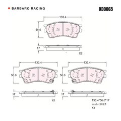 Barbaro Racing KD0065 brake pad shape drawing - 133.4 x 56.6 x 17 mm