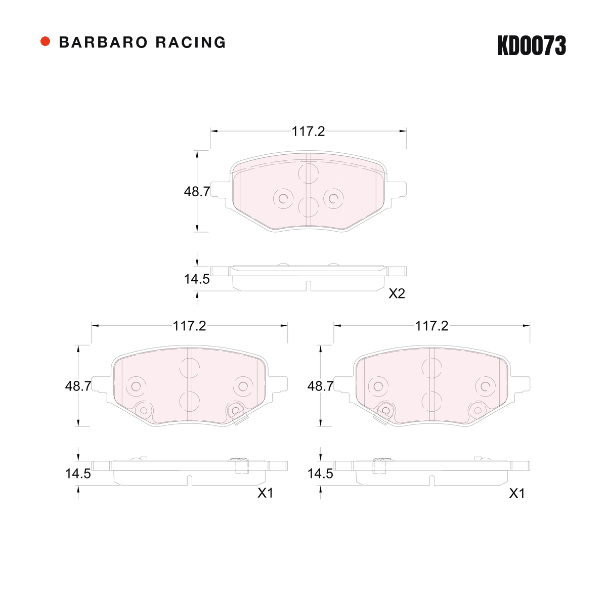 Barbaro Racing KD0073 brake pad shape drawing - 117.2 x 48.7 x 14.5 mm