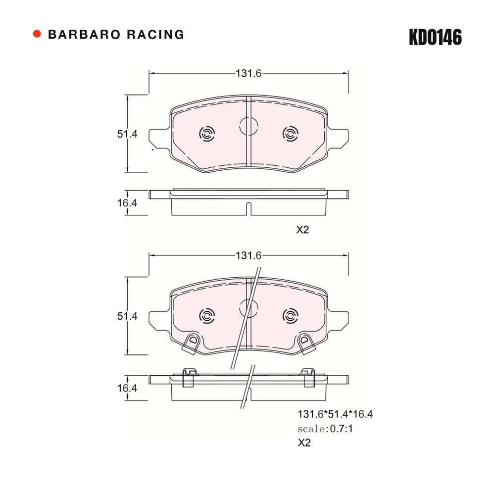 Barbaro Racing KD0146 brake pad shape drawing - 131.56 x 51.27 x 16.4 mm