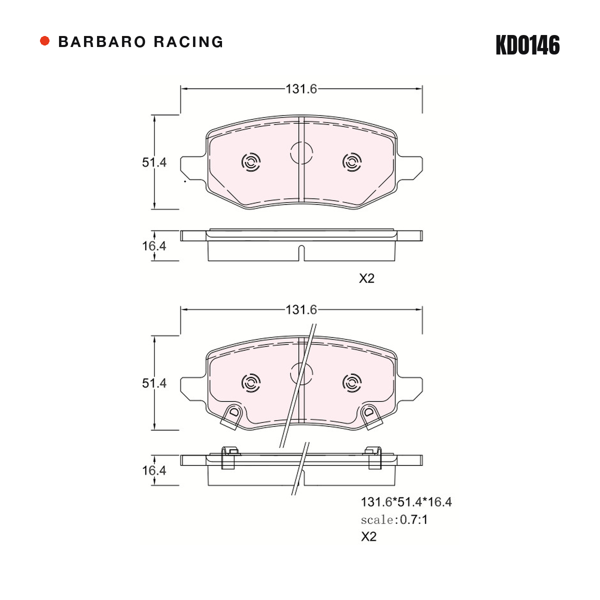 Barbaro Racing KD0146 brake pad shape drawing - 131.56 x 51.27 x 16.4 mm