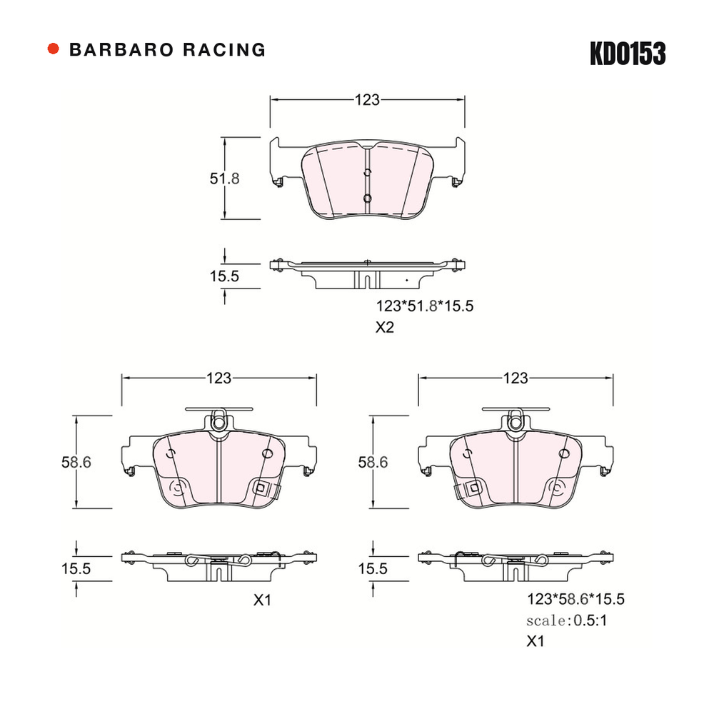 Barbaro Racing KD0153 brake pad shape drawing - 123 x 51.8 x 15.5 mm