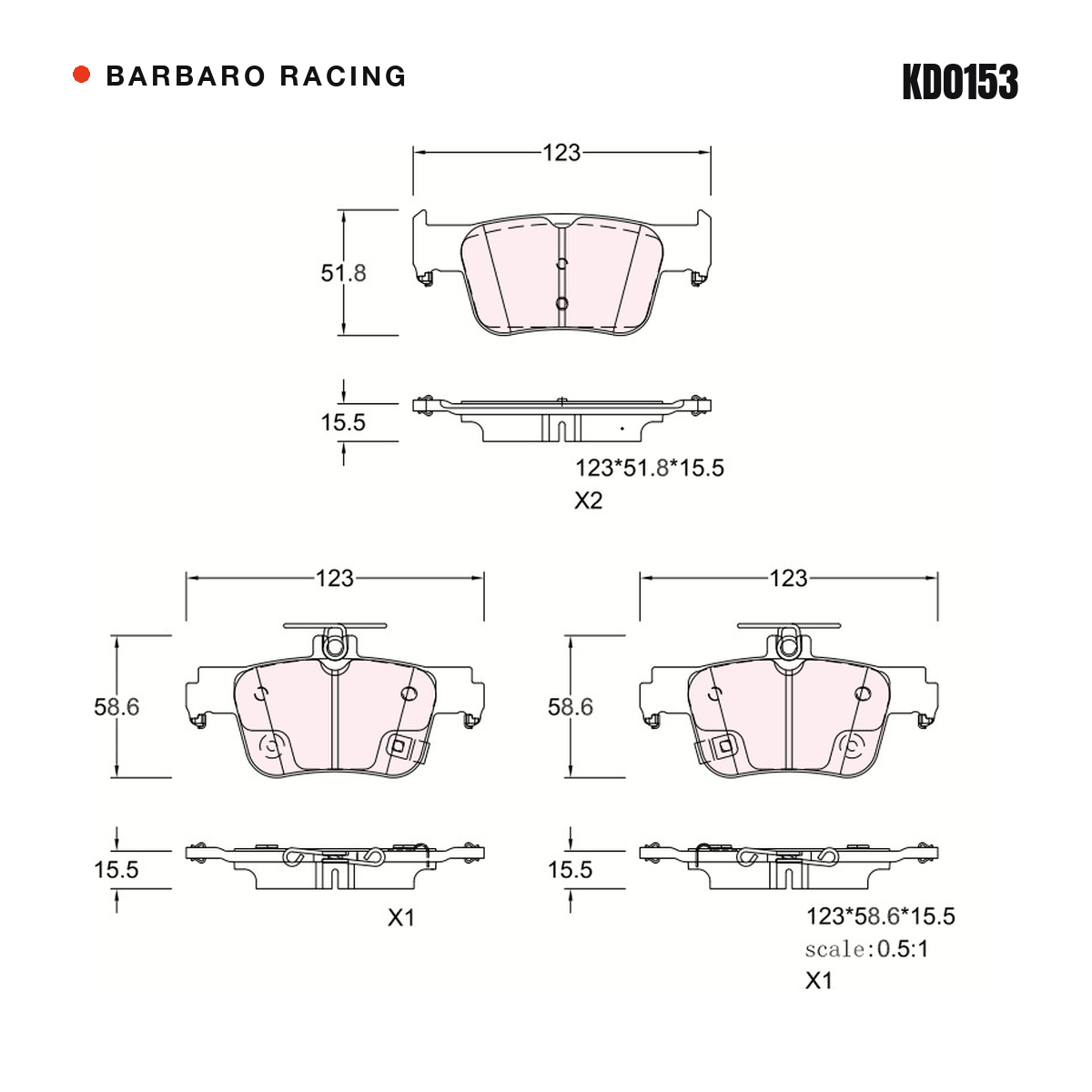 Barbaro Racing KD0153 brake pad shape drawing - 123 x 51.8 x 15.5 mm