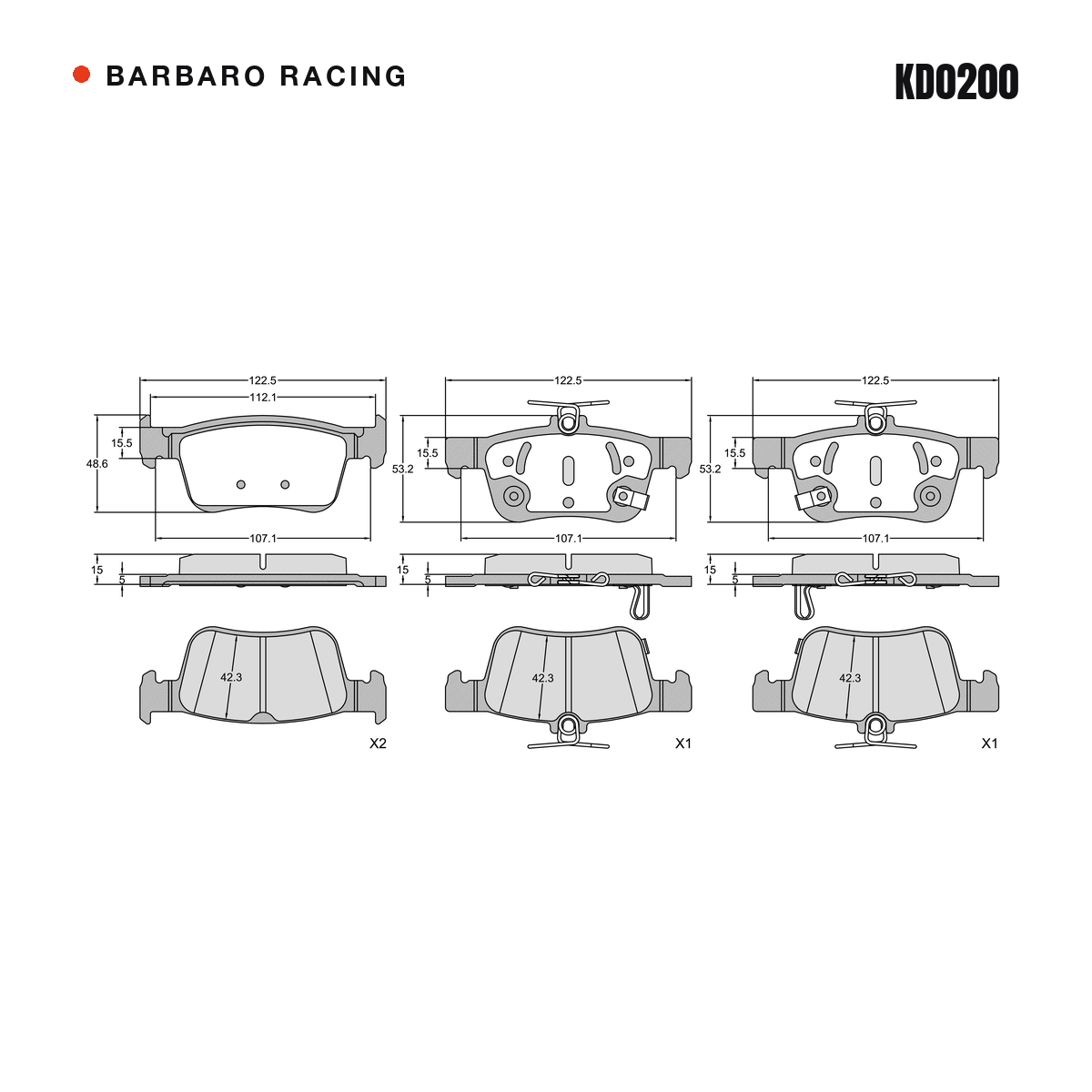 Barbaro Racing KD0200 brake pad shape drawing - 123.2 x 48.6 x 15 mm