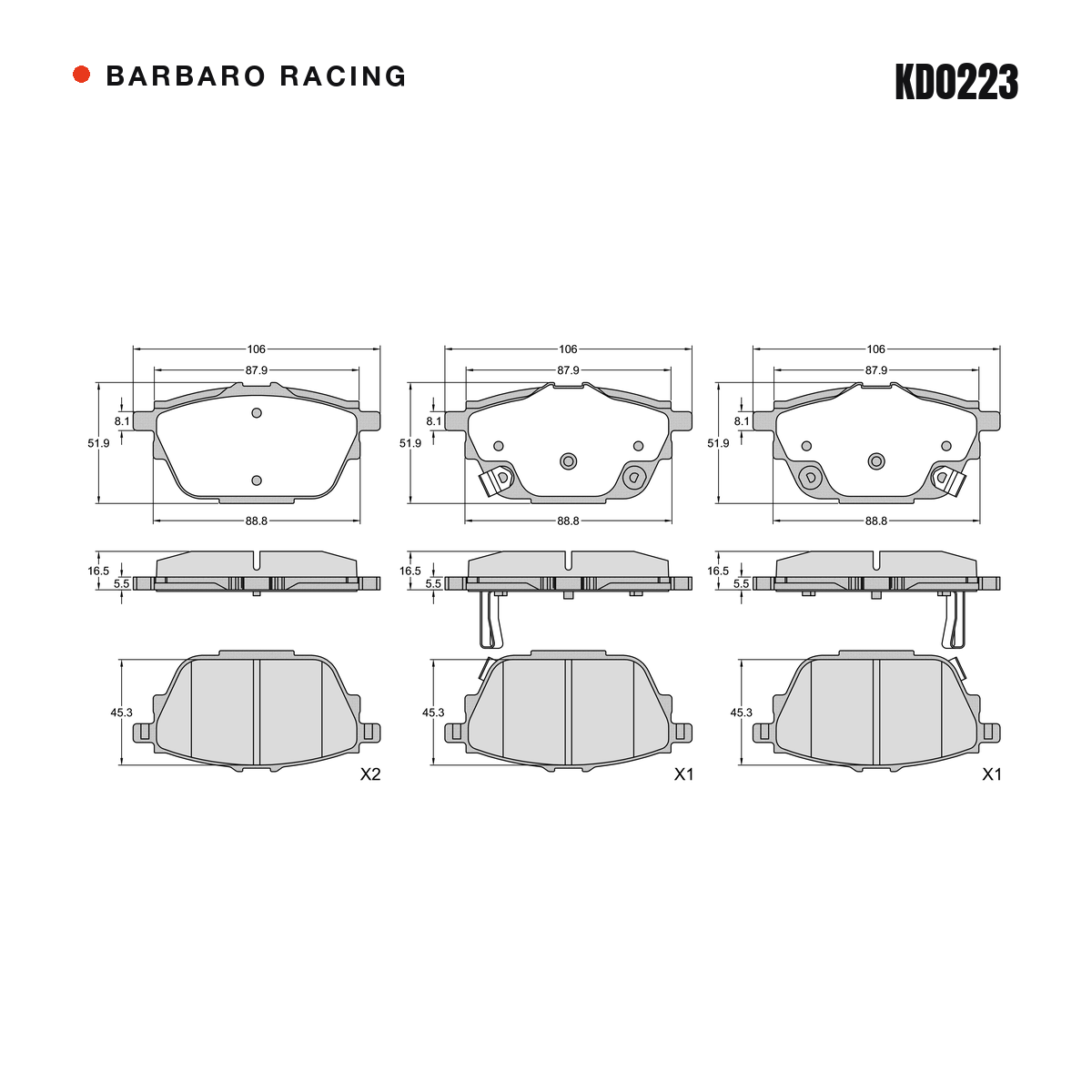 Barbaro Racing KD0223 brake pad shape drawing - 106 x 51.9 x 16.5 mm