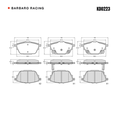 Barbaro Racing KD0223 brake pad shape drawing - 106 x 51.9 x 16.5 mm