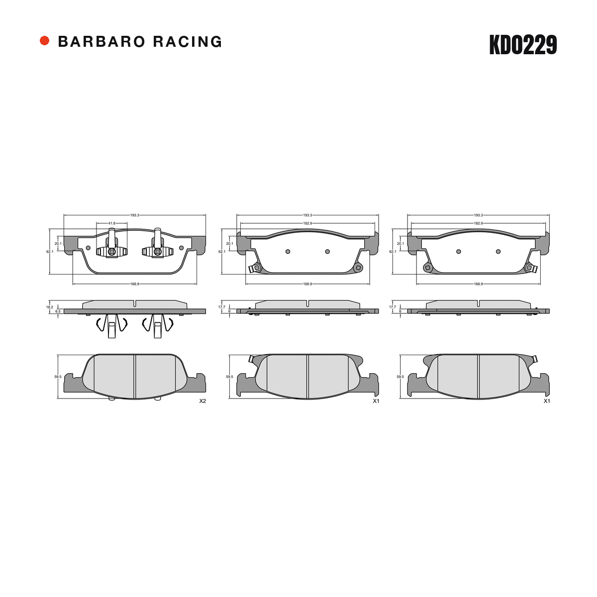 Barbaro Racing KD0229 brake pad shape drawing - 193.3 x 62.1 x 18.2 mm
