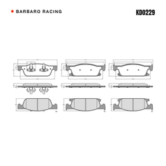 Barbaro Racing KD0229 brake pad shape drawing - 193.3 x 62.1 x 18.2 mm