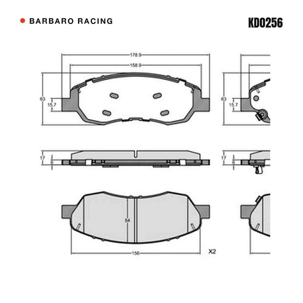 Barbaro Racing KD0256 brake pad shape drawing - 178.9 x 63 x 17 mm