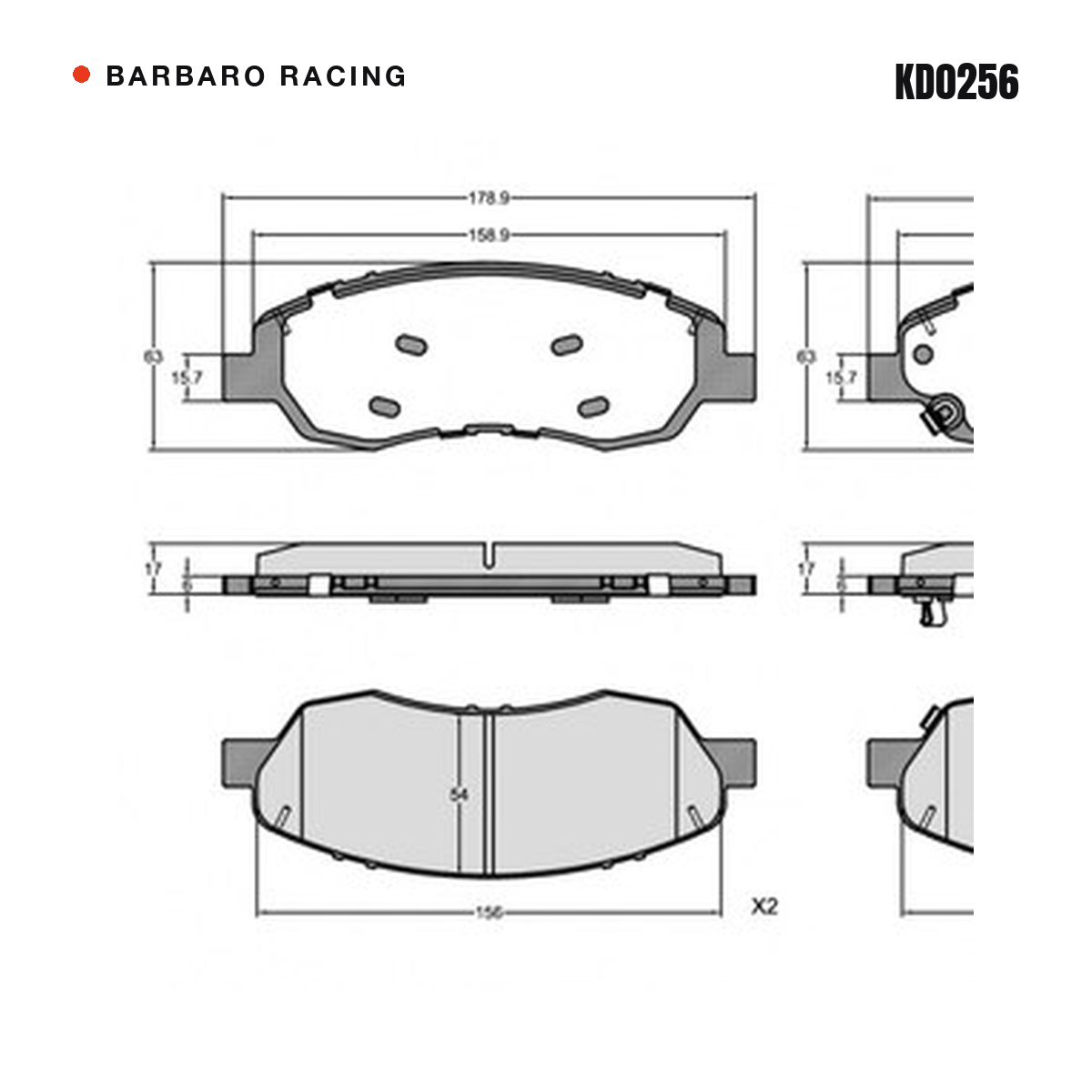 Barbaro Racing KD0256 brake pad shape drawing - 178.9 x 63 x 17 mm