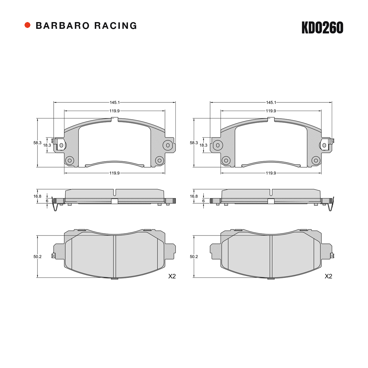 Barbaro Racing KD0260 brake pad shape drawing - 145.1 x 58.3 x 16.8 mm
