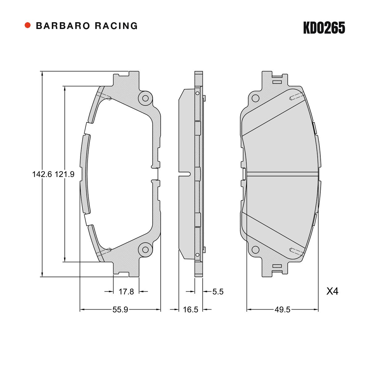 Barbaro Racing KD0265 brake pad shape drawing - 142.6 x 55.9 x 16.5 mm