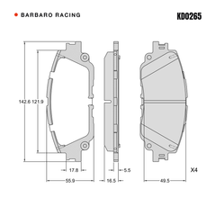 Barbaro Racing KD0265 brake pad shape drawing - 142.6 x 55.9 x 16.5 mm