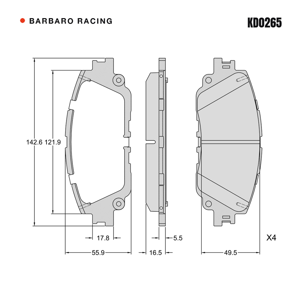 Barbaro Racing KD0265 brake pad shape drawing - 142.6 x 55.9 x 16.5 mm
