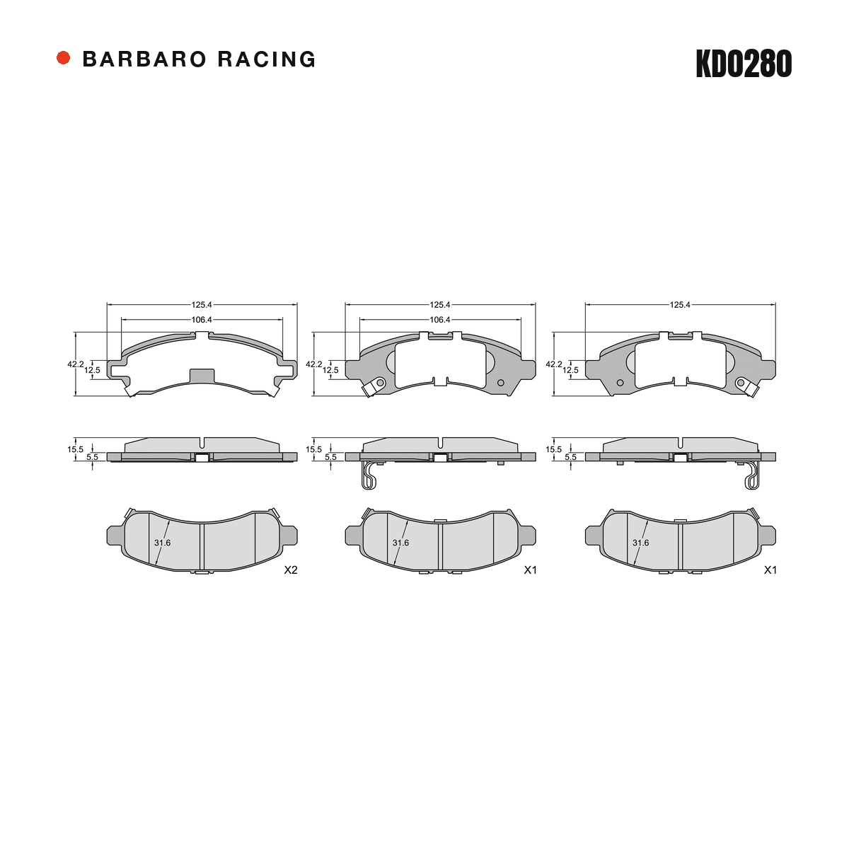 Barbaro Racing KD0280 brake pad shape drawing - 125.4 x 42.2 x 15.5 mm