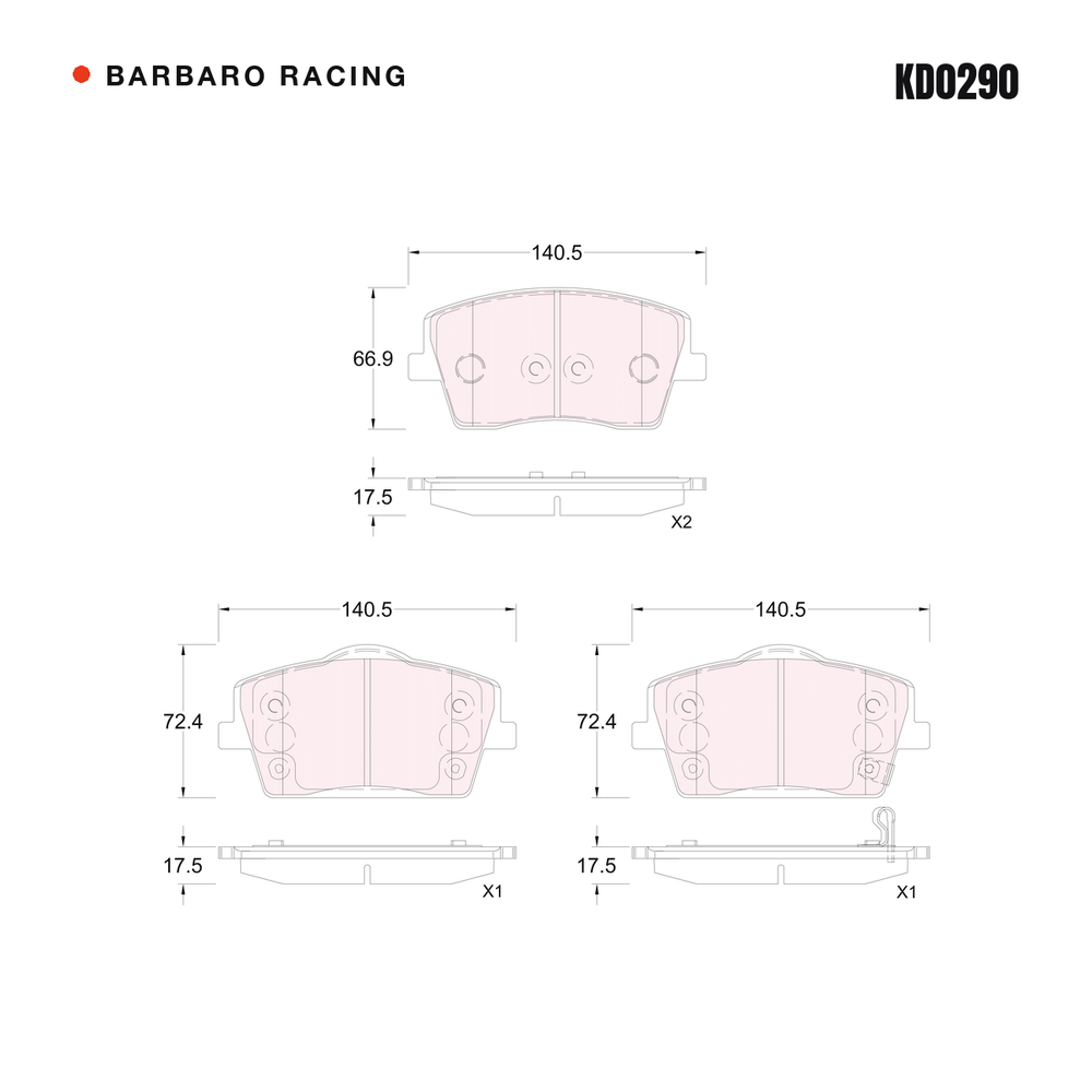 Barbaro Racing KD0290 brake pad shape drawing - 140.5 x 66.9 x 17.5 mm