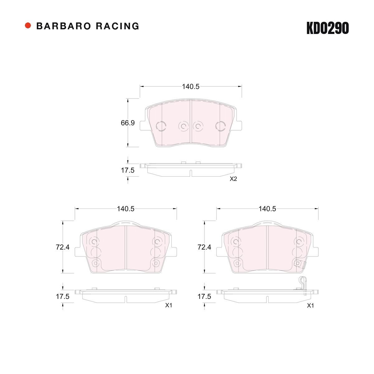Barbaro Racing KD0290 brake pad shape drawing - 140.5 x 66.9 x 17.5 mm