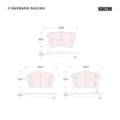 Barbaro Racing KD0290 brake pad shape drawing - 140.5 x 66.9 x 17.5 mm
