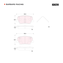 Barbaro Racing KD0291 brake pad shape drawing - 98.8 x 48.7 x 16.6 mm