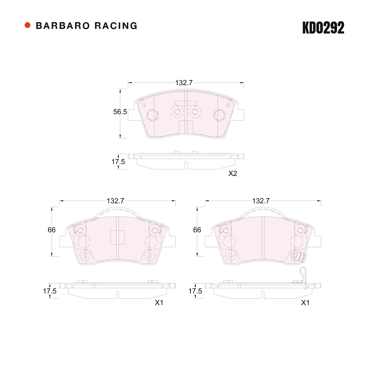 Barbaro Racing KD0292 brake pad shape drawing - 132.7 x 56.5 x 17.5 mm