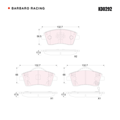 Barbaro Racing KD0292 brake pad shape drawing - 132.7 x 56.5 x 17.5 mm