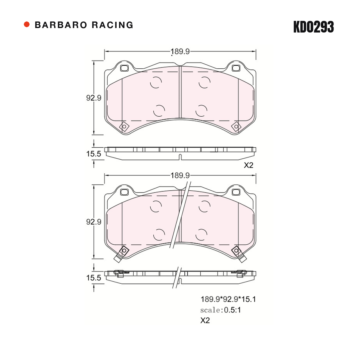 Barbaro Racing KD0293 brake pad shape drawing - 189.9 x 92.9 x 15.5 mm
