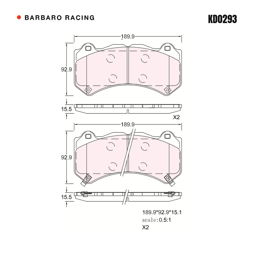 Barbaro Racing KD0293 brake pad shape drawing - 189.9 x 92.9 x 15.5 mm