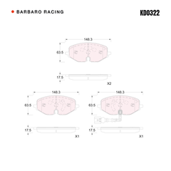 Barbaro Racing KD0322 brake pad shape drawing - 148.3 x 63.5 x 17.5 mm