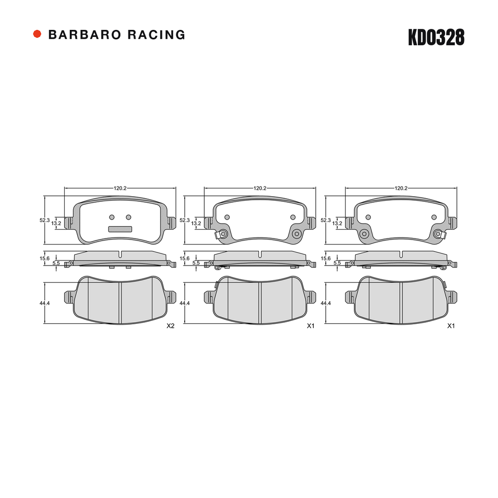 Barbaro Racing KD0328 brake pad shape drawing - 120.2 x 52.3 x 15.6 mm
