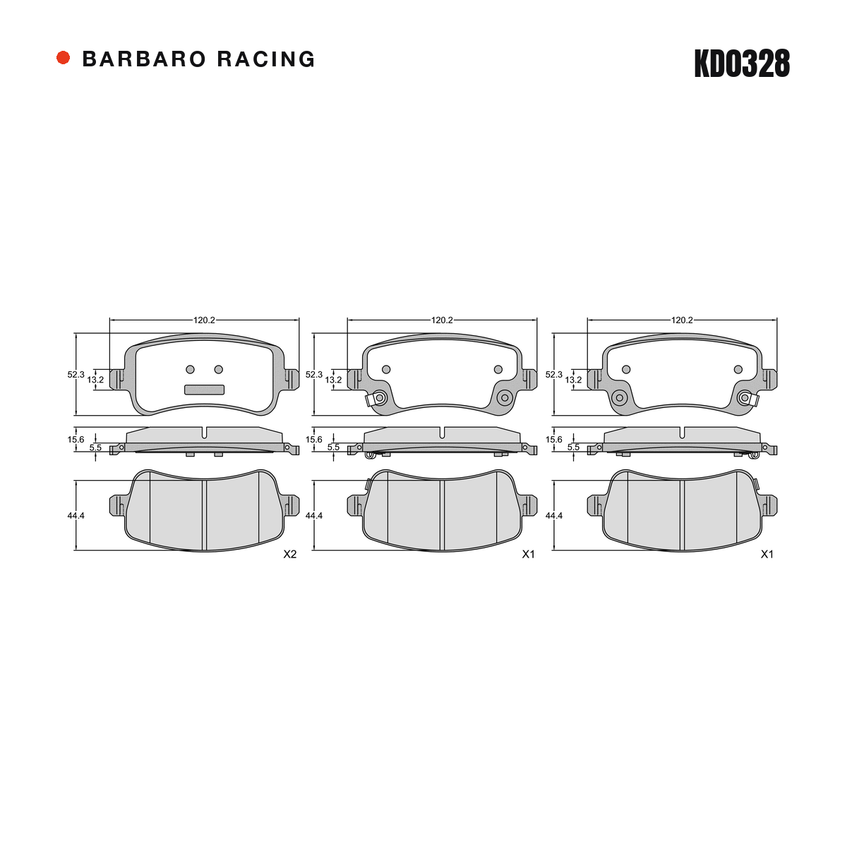 Barbaro Racing KD0328 brake pad shape drawing - 120.2 x 52.3 x 15.6 mm