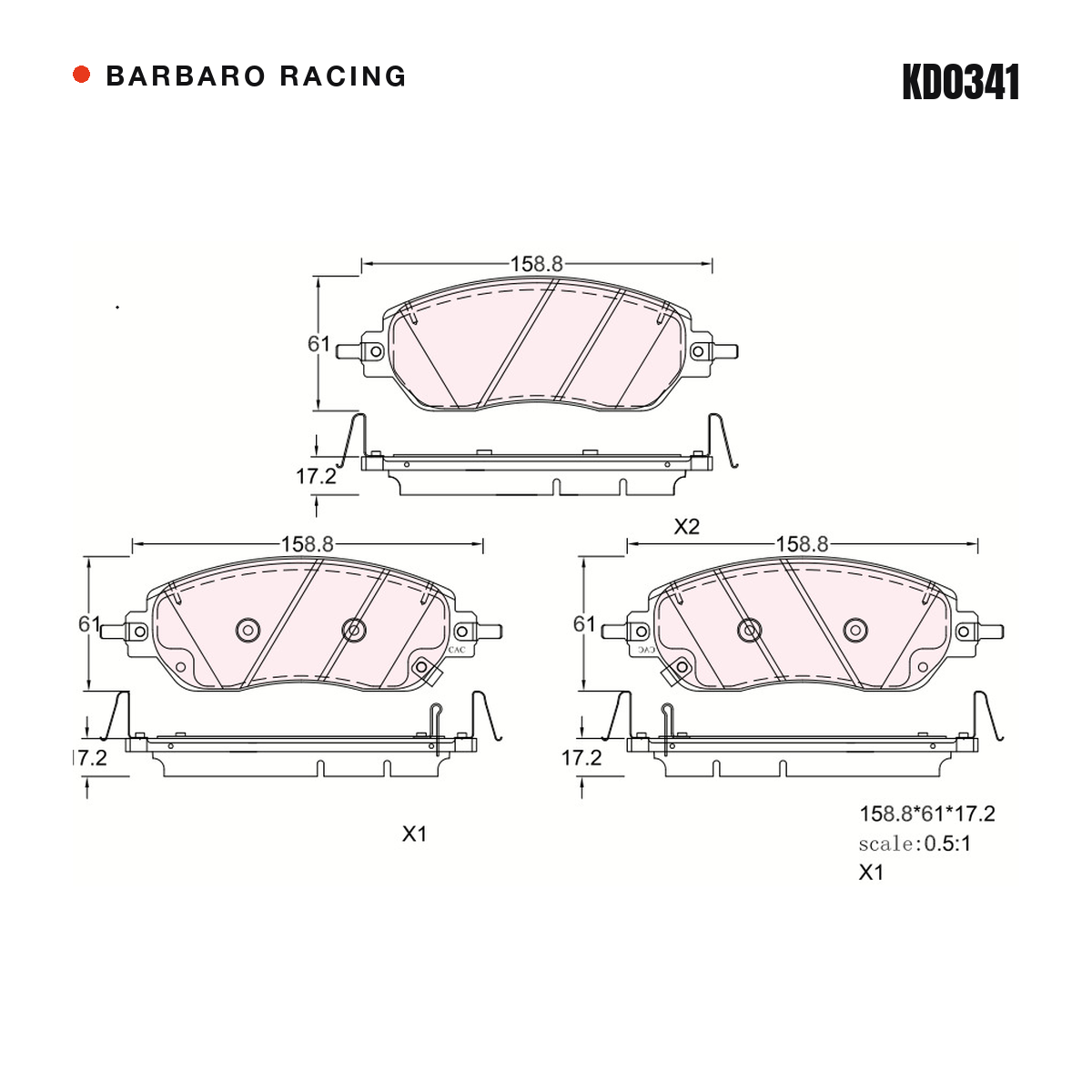 Barbaro Racing KD0341 brake pad shape drawing - 158.8 x 61 x 17.08 mm