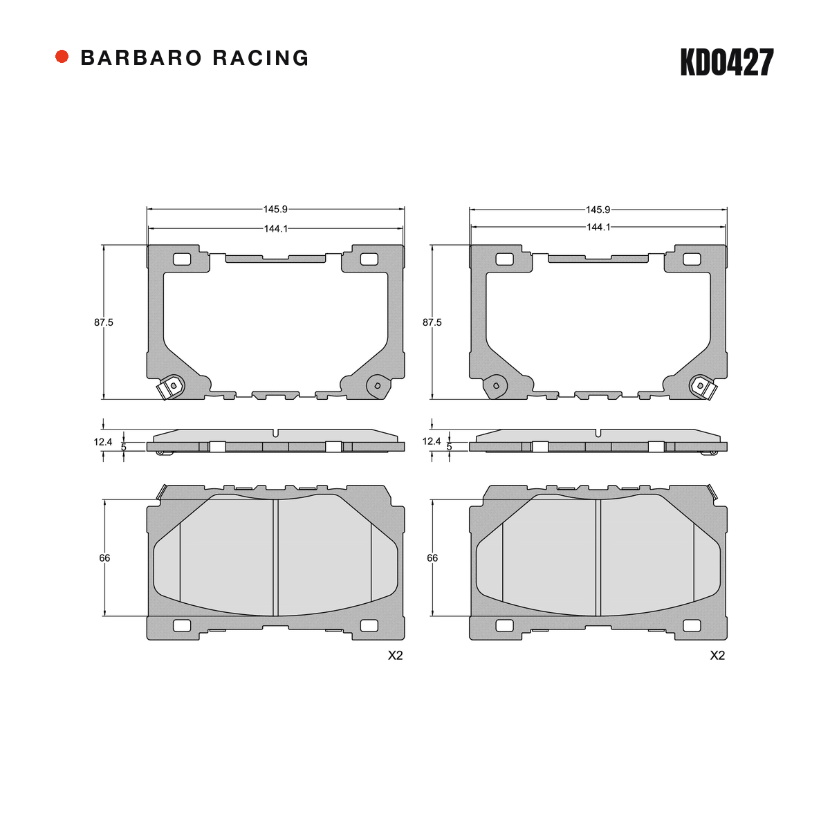 Barbaro Racing KD0427 brake pad shape drawing - 145.9 x 87.5 x 12.4 mm